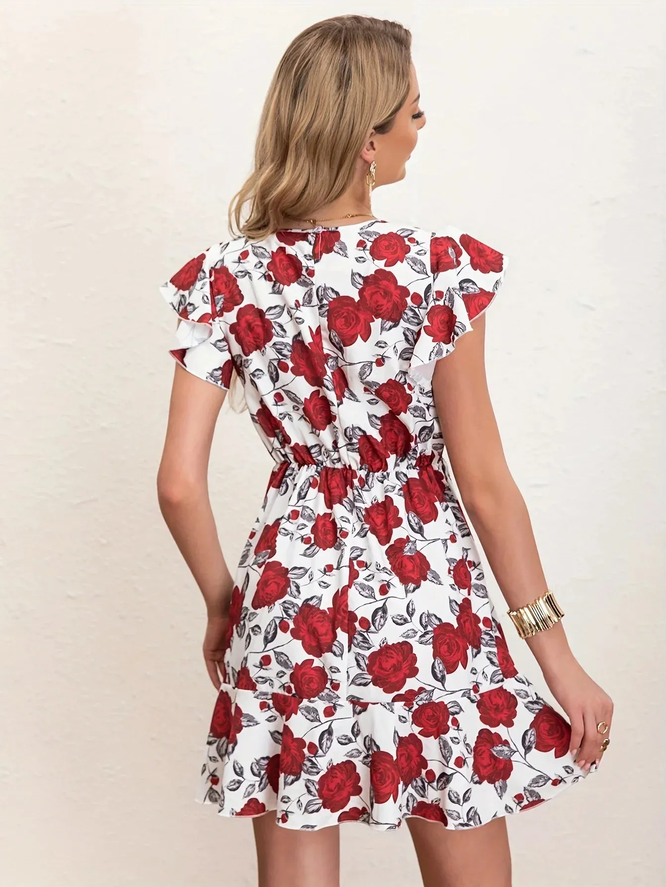 Ladies Print Flower Sleeve Summer Flying Elegant for Ruffle Short Dress