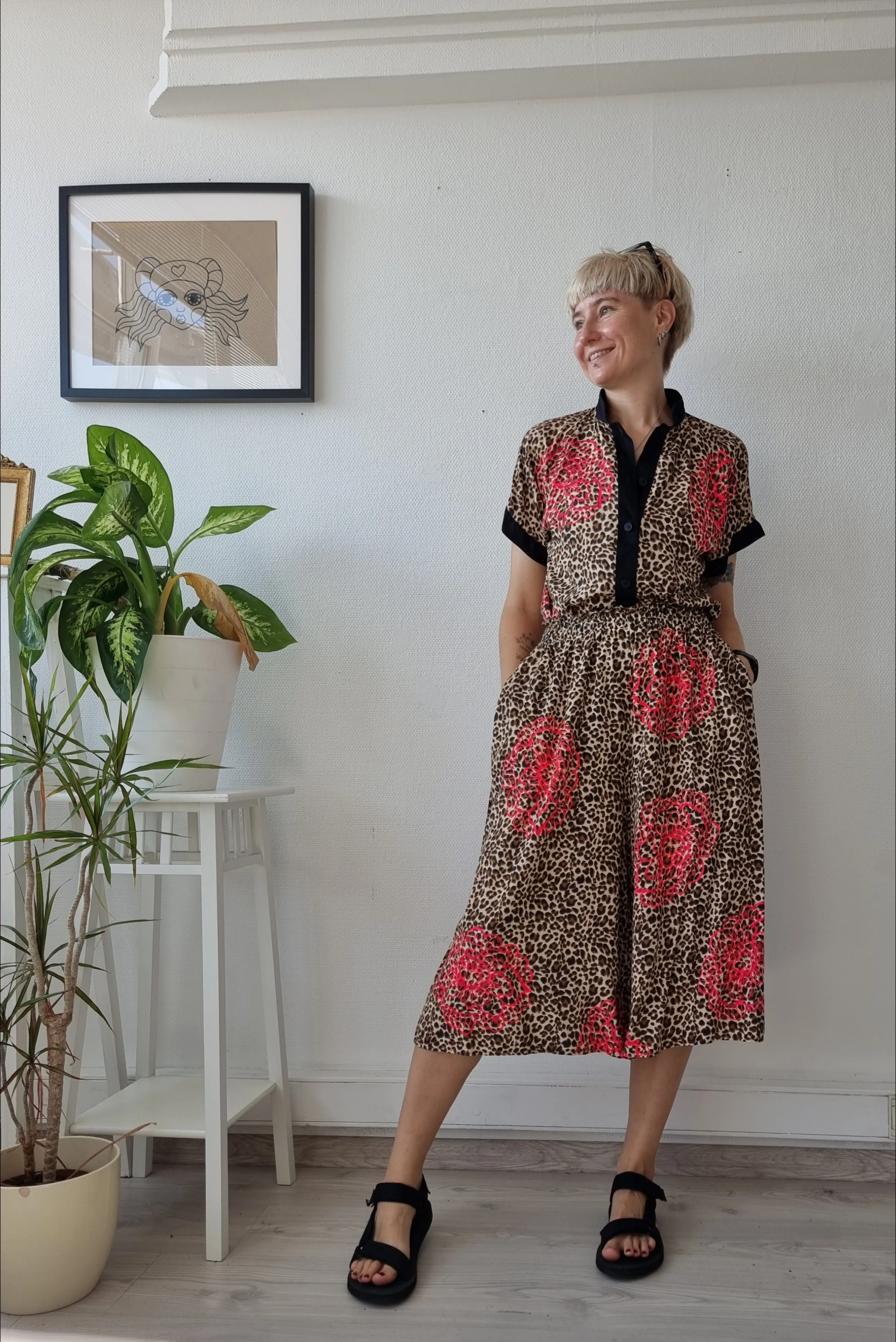 Leopard print Cotton and Viscose Summer Set Culottes  and Shirt with Handprinted Neon Pink Peonie Flower Pattern. Perfect for Active Beauty Loving Woman