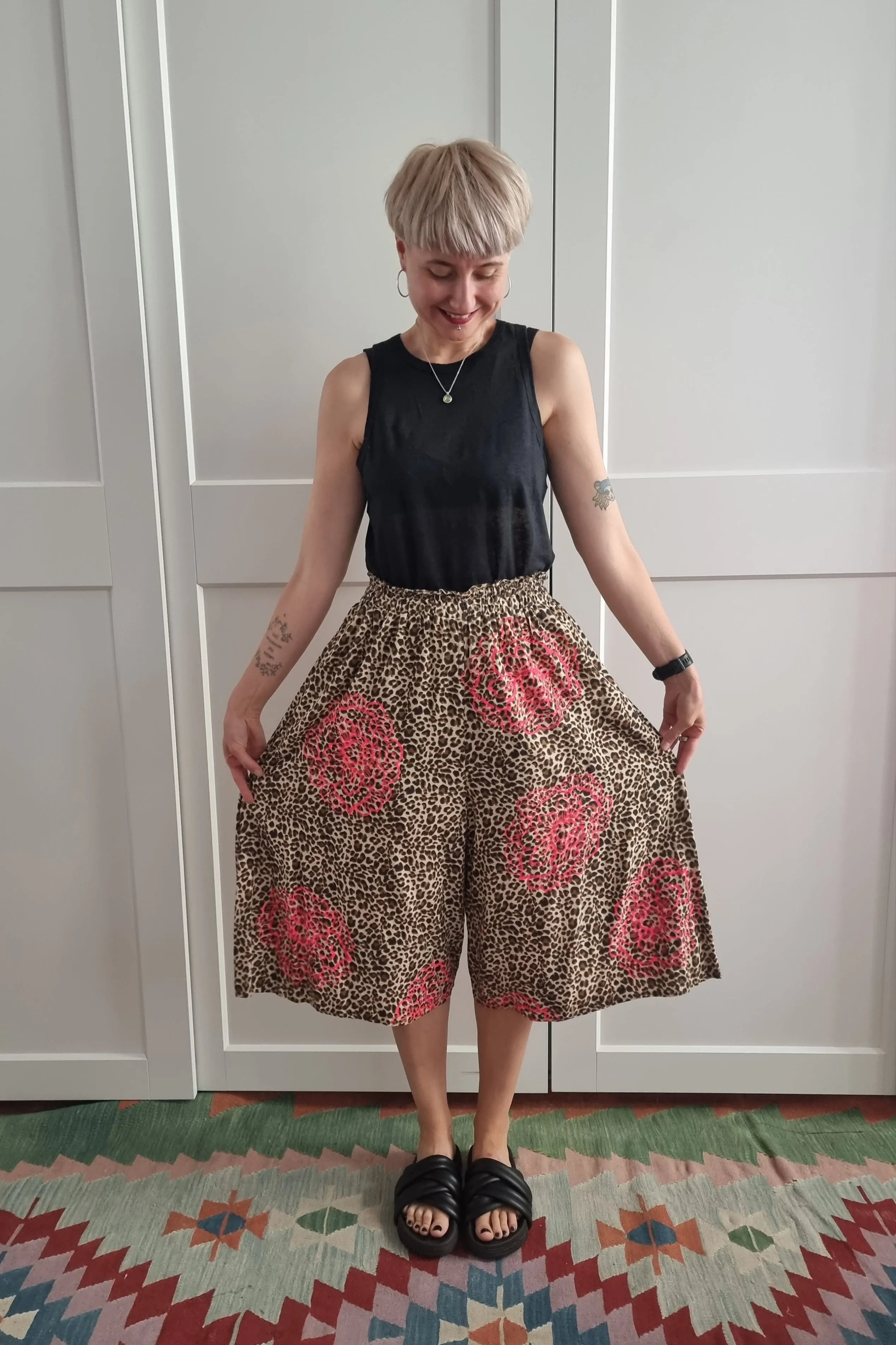 Leopard print Cotton and Viscose Summer Set Culottes  and Shirt with Handprinted Neon Pink Peonie Flower Pattern. Perfect for Active Beauty Loving Woman