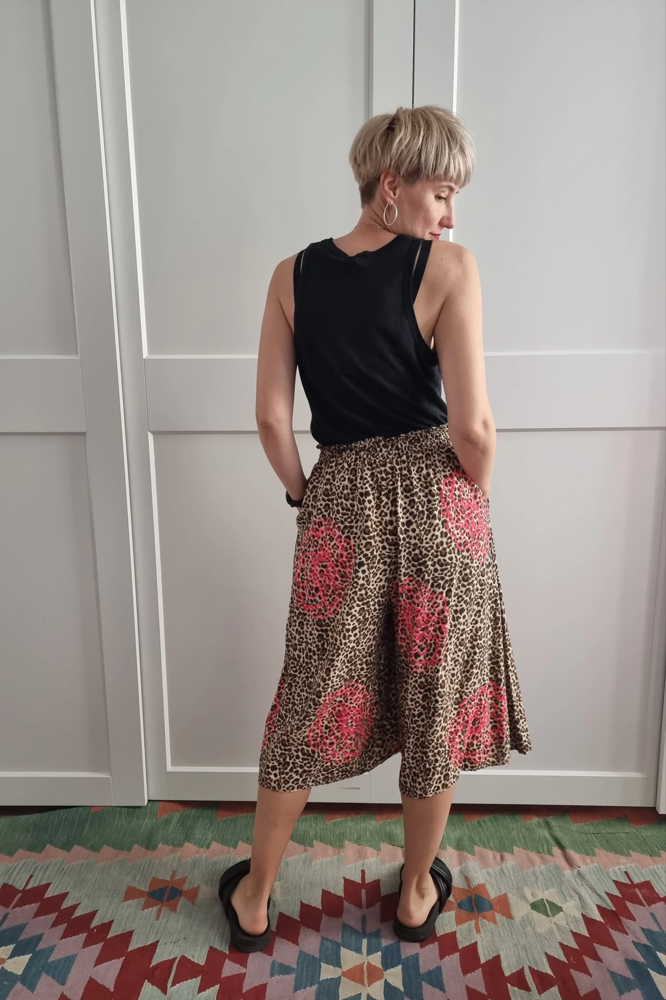 Leopard print Cotton and Viscose Summer Set Culottes  and Shirt with Handprinted Neon Pink Peonie Flower Pattern. Perfect for Active Beauty Loving Woman