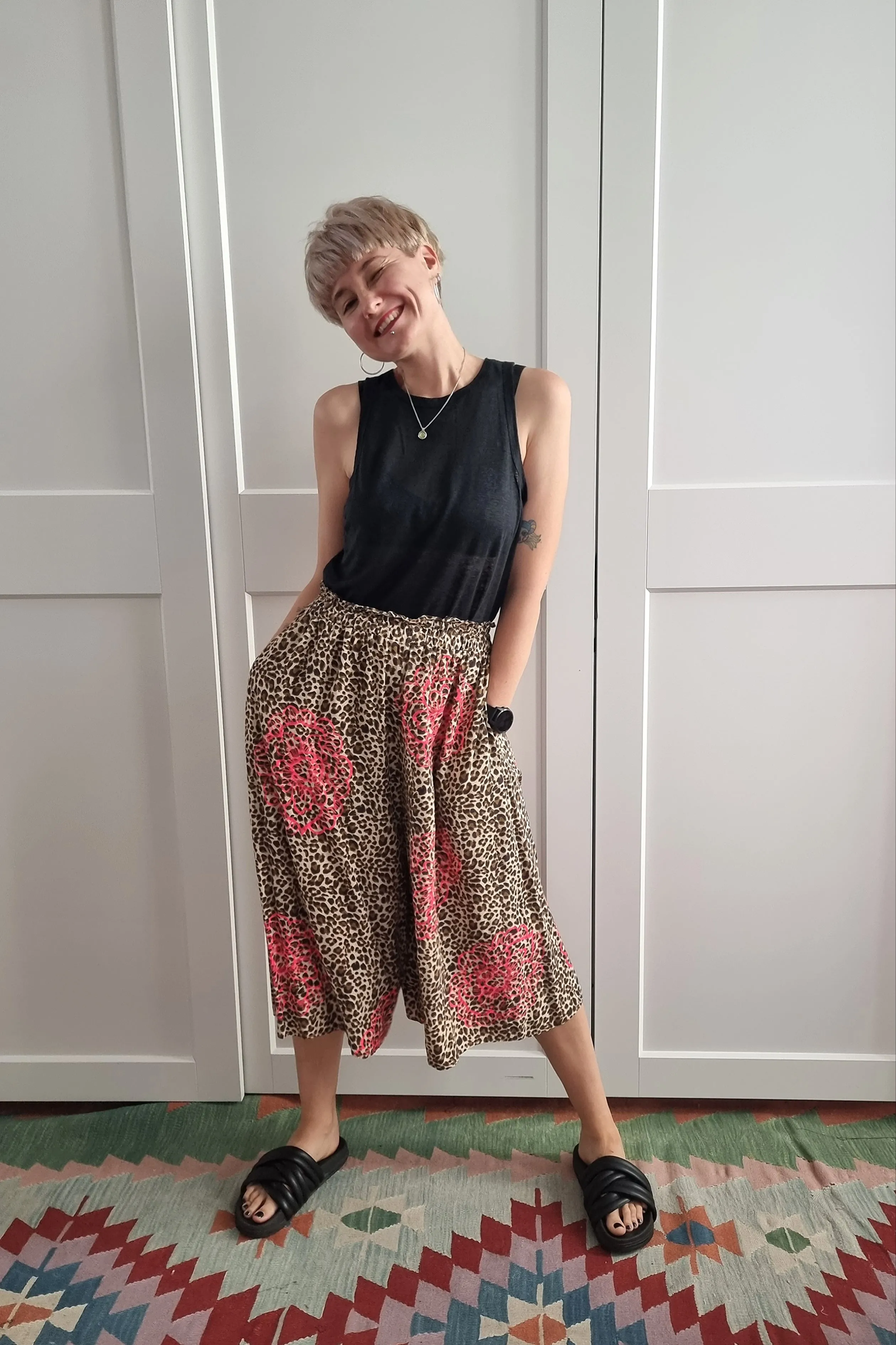 Leopard print Cotton and Viscose Summer Set Culottes  and Shirt with Handprinted Neon Pink Peonie Flower Pattern. Perfect for Active Beauty Loving Woman