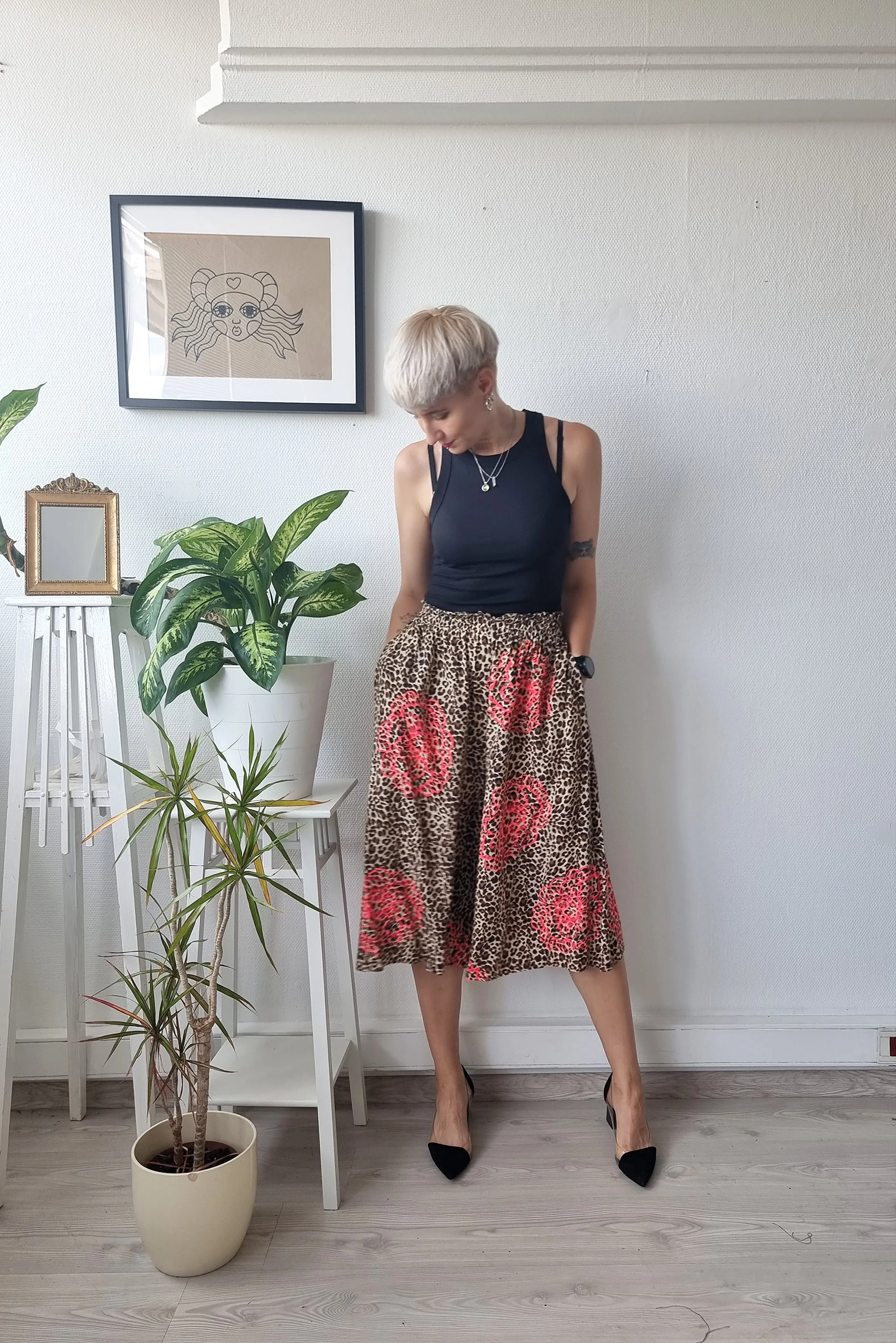 Leopard print Cotton and Viscose Summer Set Culottes  and Shirt with Handprinted Neon Pink Peonie Flower Pattern. Perfect for Active Beauty Loving Woman