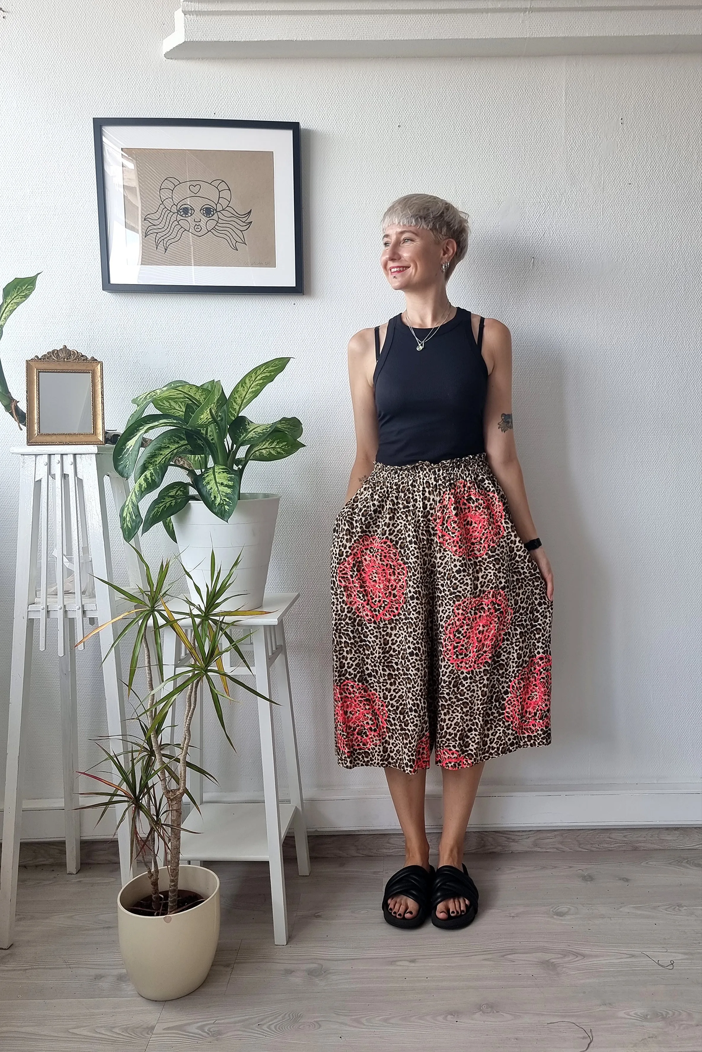 Leopard print Cotton and Viscose Summer Set Culottes  and Shirt with Handprinted Neon Pink Peonie Flower Pattern. Perfect for Active Beauty Loving Woman