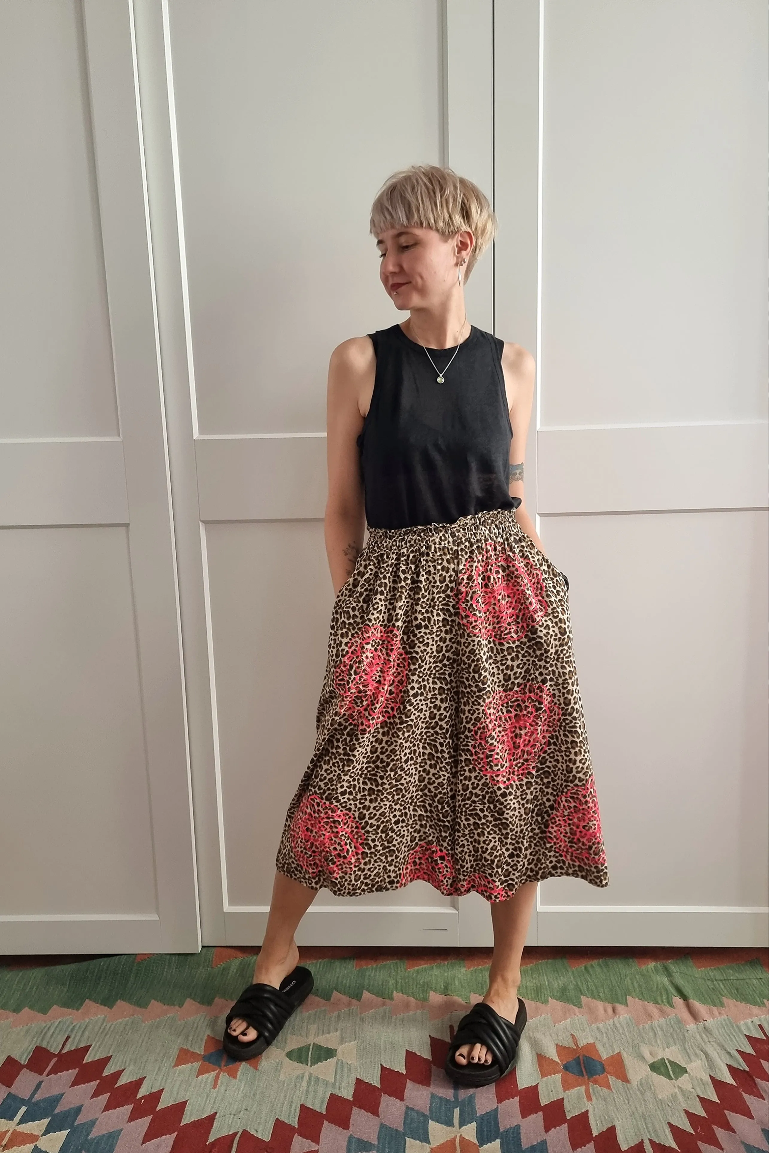 Leopard print Cotton and Viscose Summer Set Culottes  and Shirt with Handprinted Neon Pink Peonie Flower Pattern. Perfect for Active Beauty Loving Woman