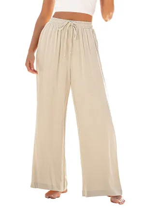 Light Beige Relaxed Fit High Waisted Elastic Waist Wide Leg Drawstring Pocket Pant