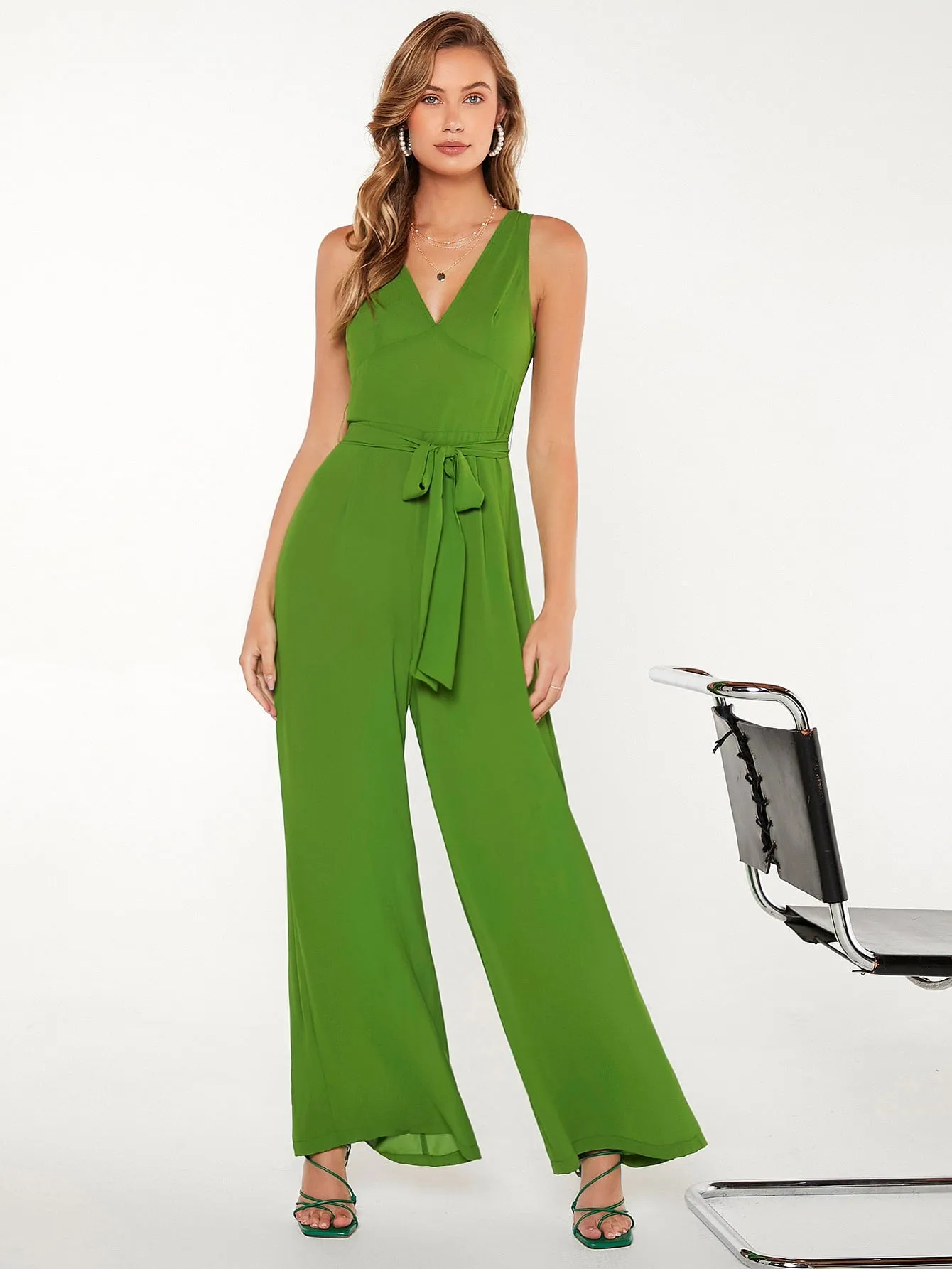 Lime Green V-Neck Zip Back Sleeveless Belted Wide Leg Jumpsuit