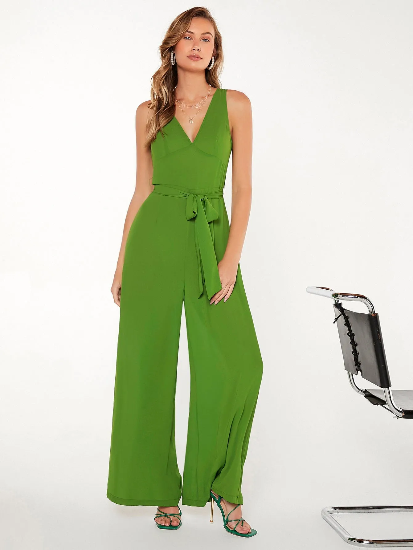 Lime Green V-Neck Zip Back Sleeveless Belted Wide Leg Jumpsuit