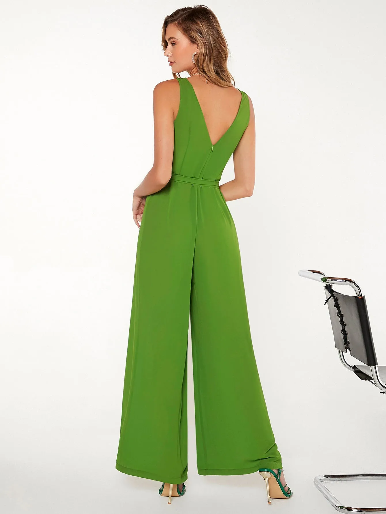 Lime Green V-Neck Zip Back Sleeveless Belted Wide Leg Jumpsuit