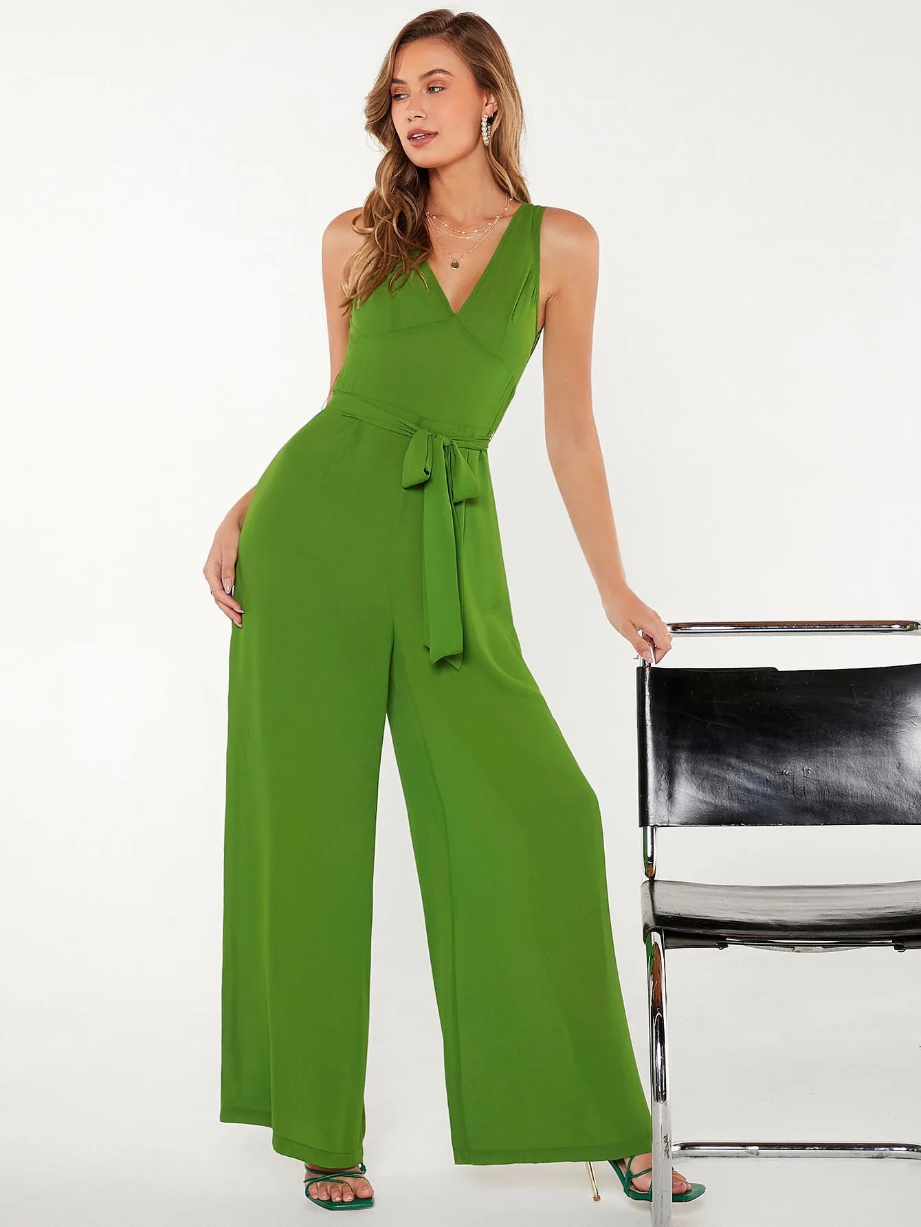 Lime Green V-Neck Zip Back Sleeveless Belted Wide Leg Jumpsuit