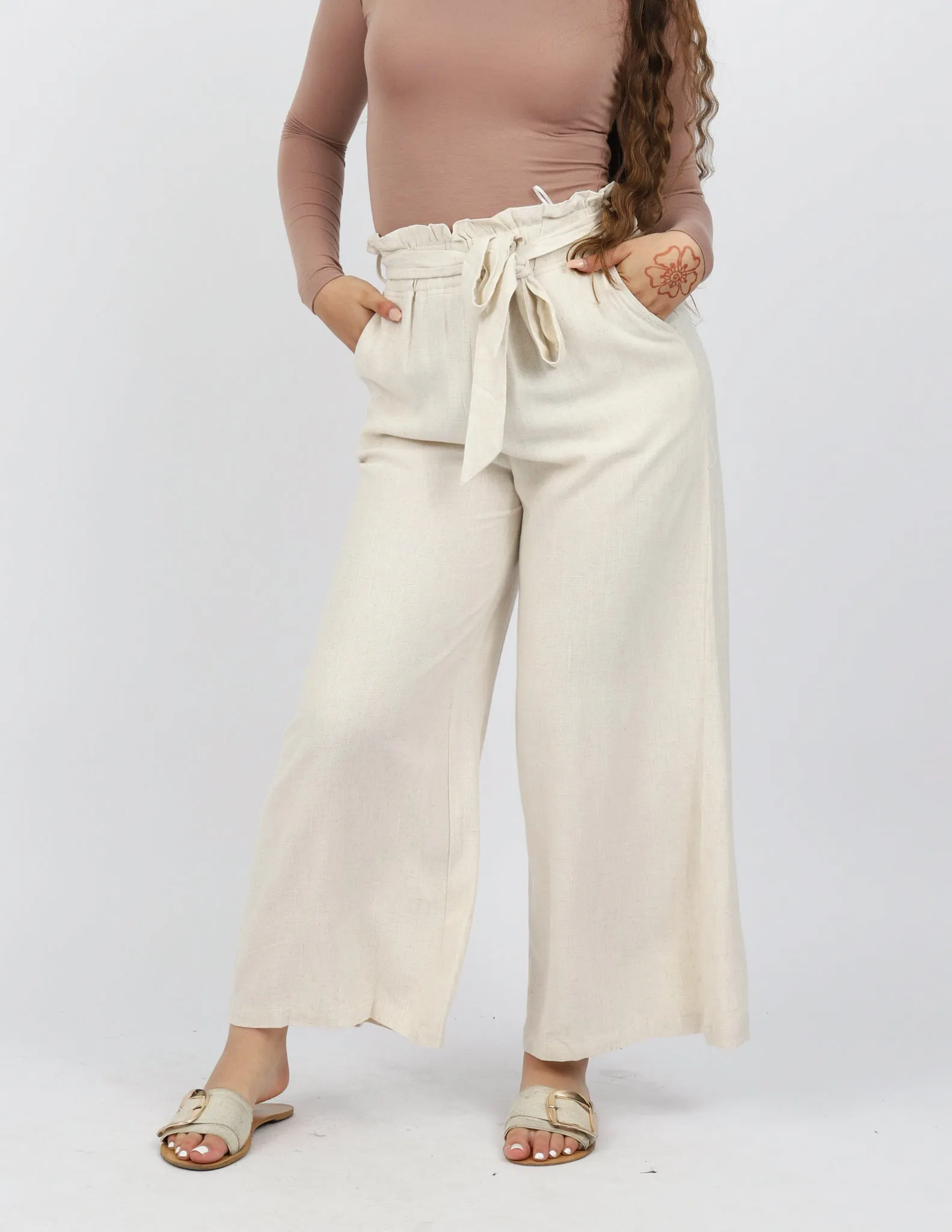 Linen Ruffle Top Pants Wide Leg