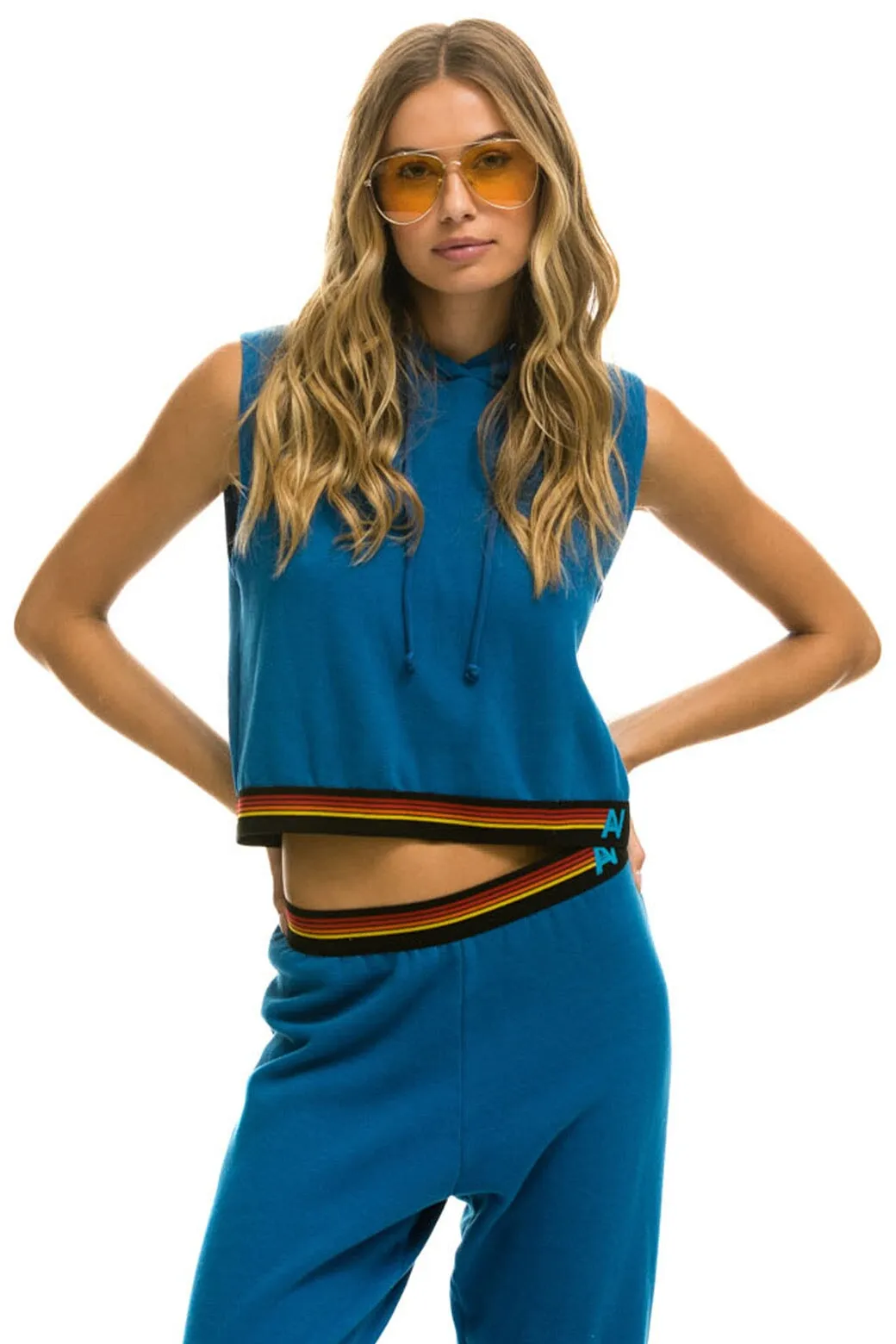 LOGO STRIPE SLEEVELESS CROP PULLOVER HOODIE - CARIBBEAN