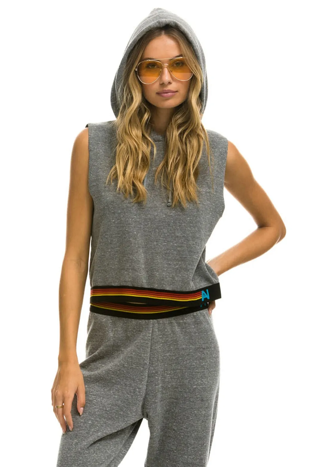 LOGO STRIPE SLEEVELESS CROP PULLOVER HOODIE - HEATHER GREY