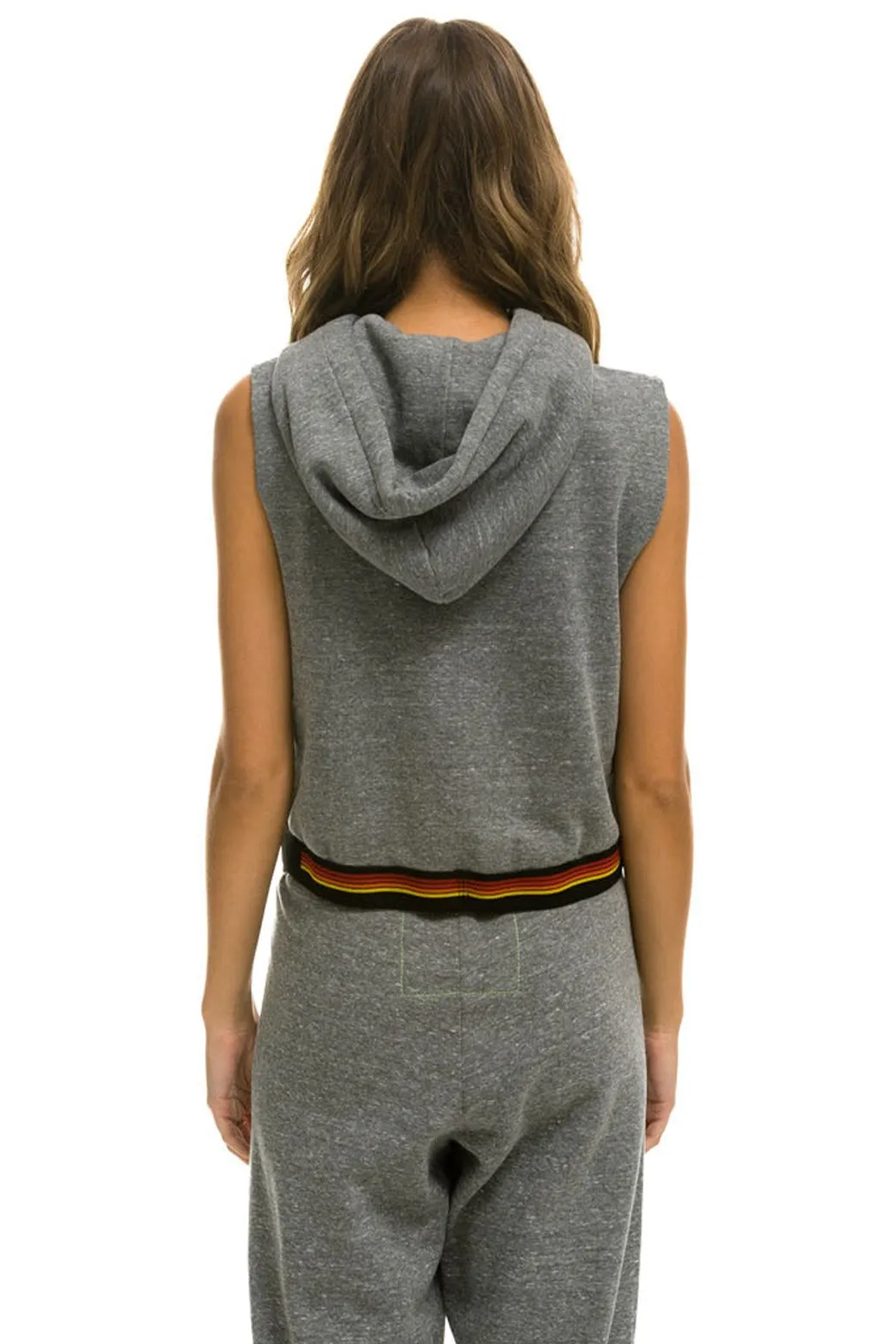 LOGO STRIPE SLEEVELESS CROP PULLOVER HOODIE - HEATHER GREY