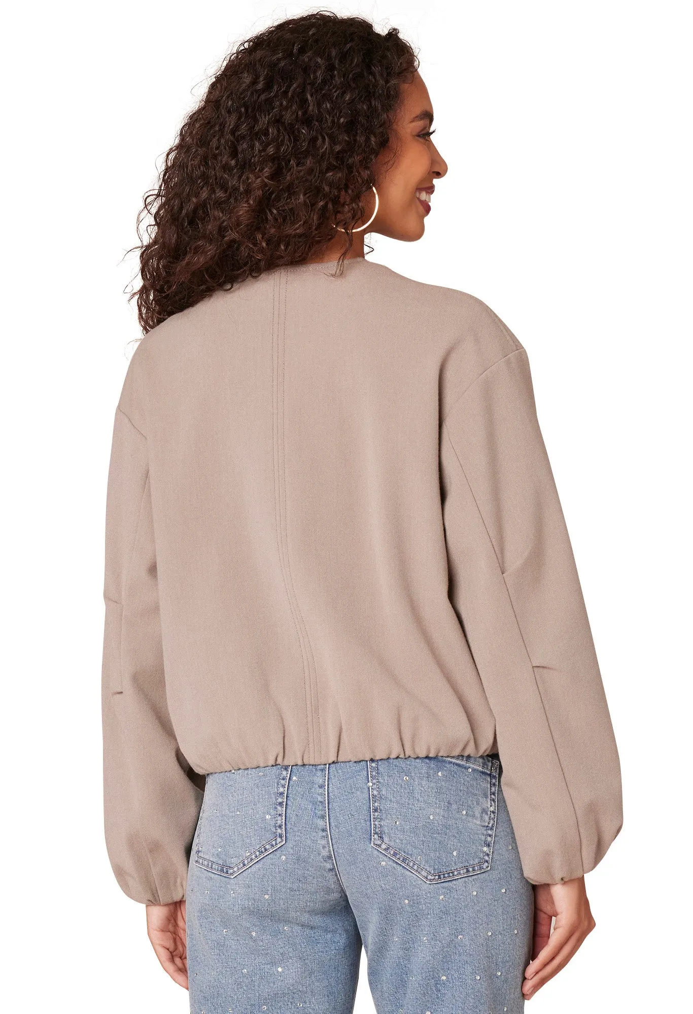 Long Sleeve Zip Front Cropped Bomber Jacket with Dual Entry Pockets