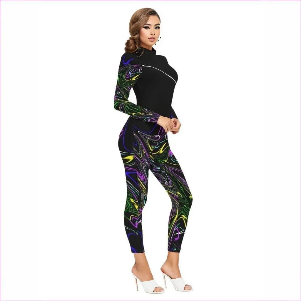 Mandala Skewed Womens Long-sleeved High-neck Jumpsuit With Zipper