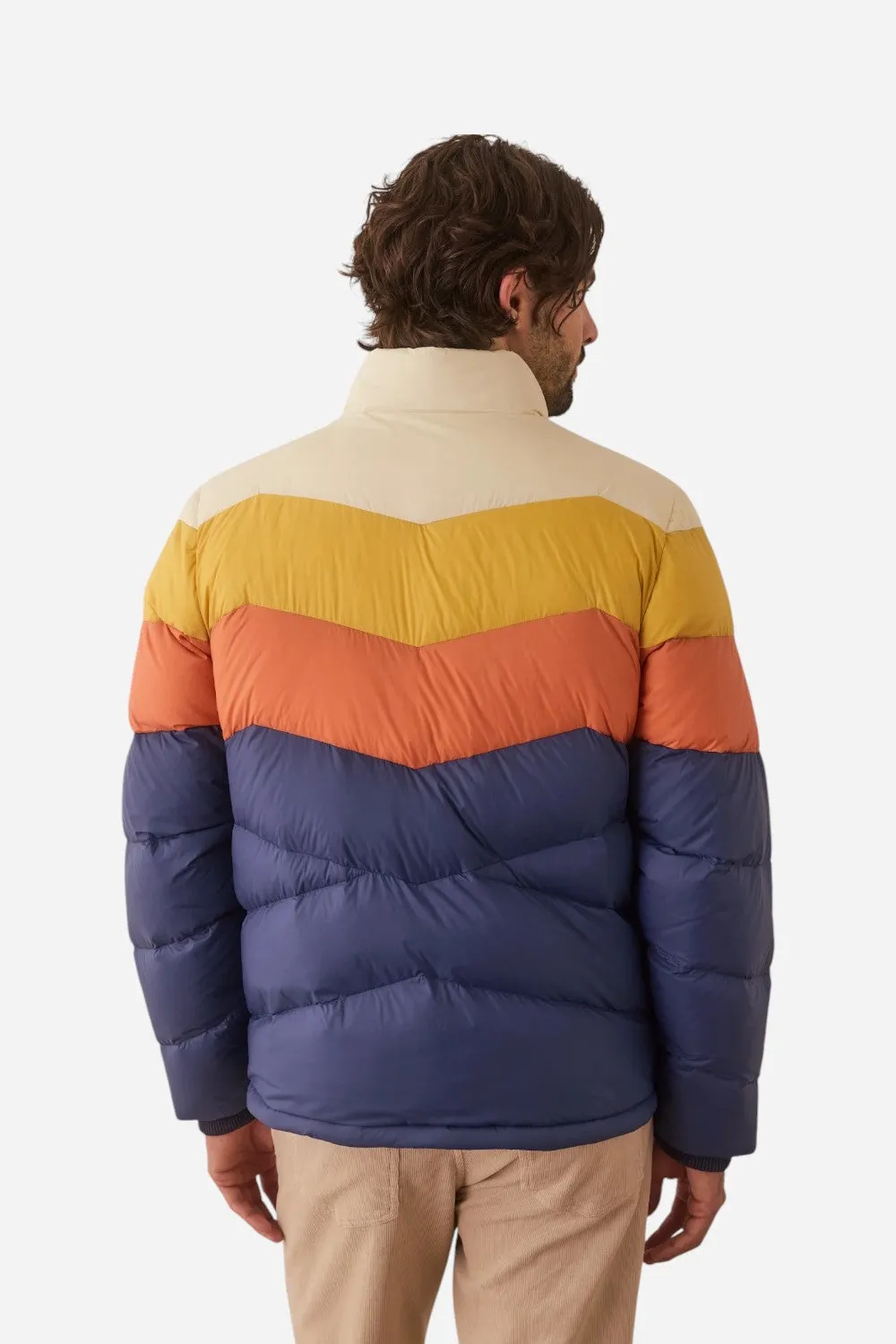 Marine Layer Colorblock Puffer Jacket in Blue/Orange Colorblock