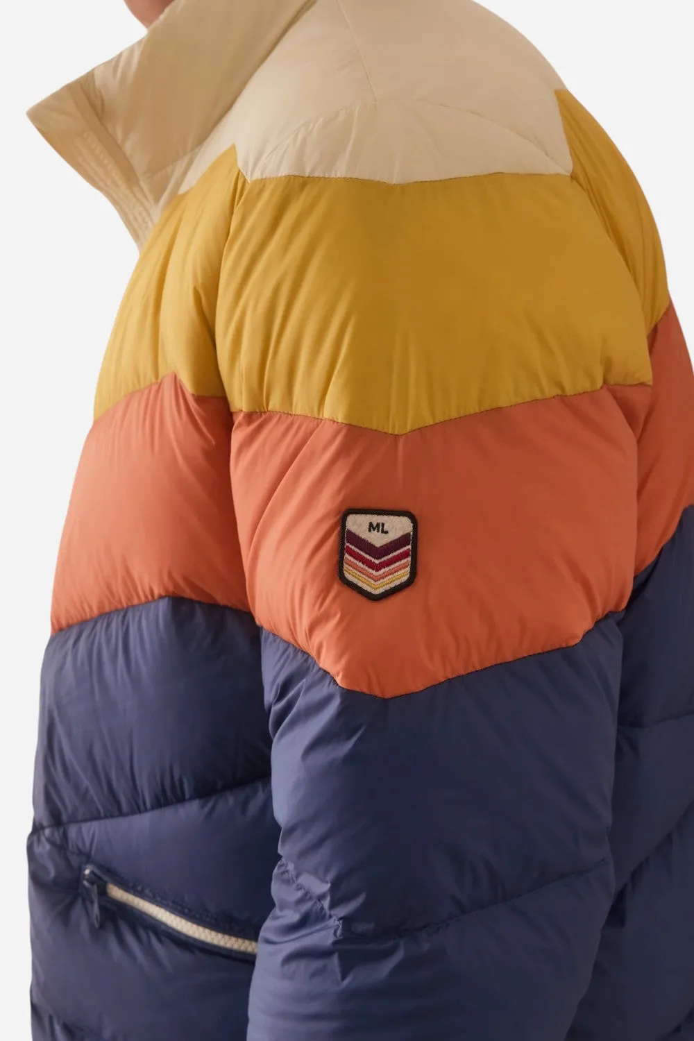 Marine Layer Colorblock Puffer Jacket in Blue/Orange Colorblock