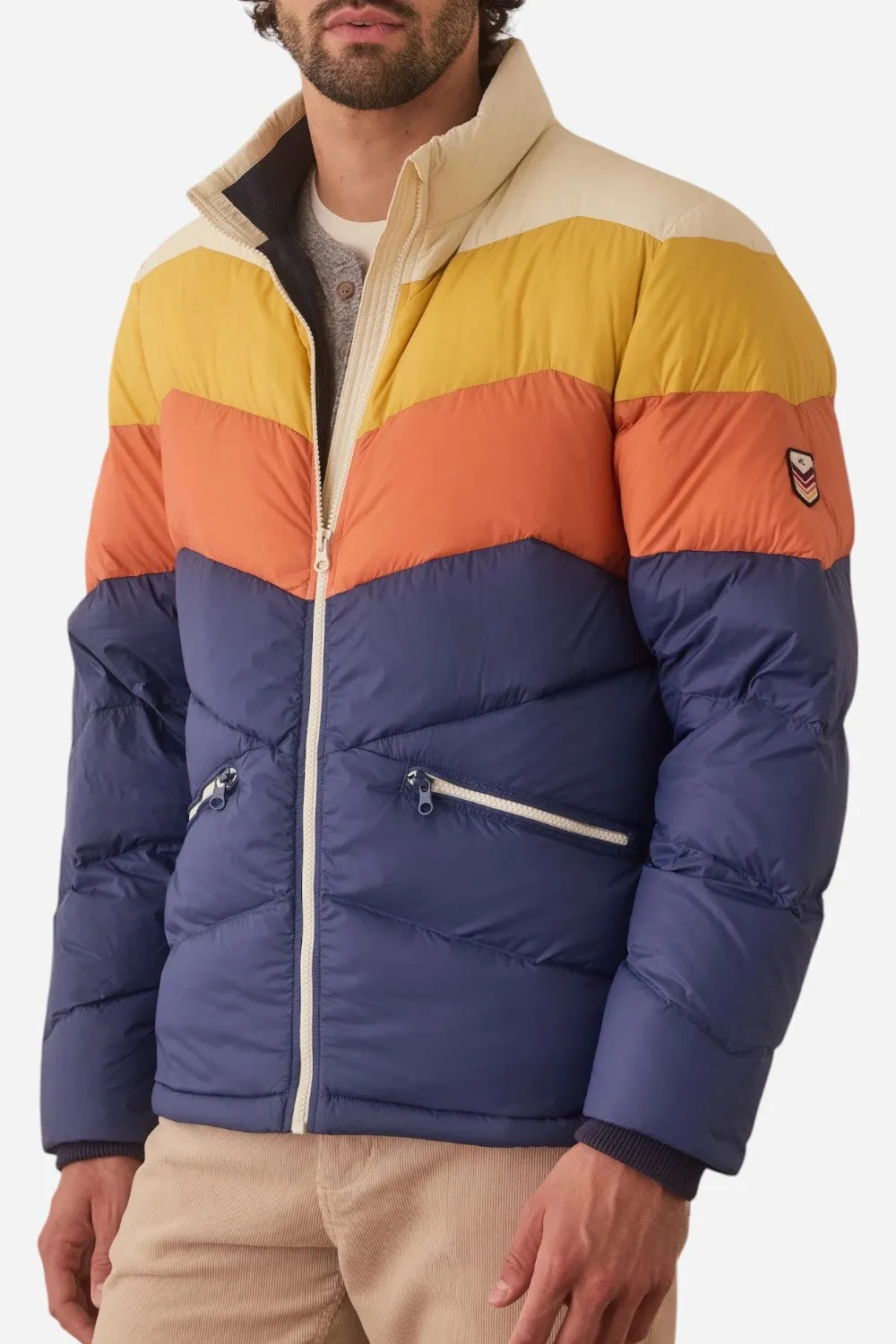 Marine Layer Colorblock Puffer Jacket in Blue/Orange Colorblock