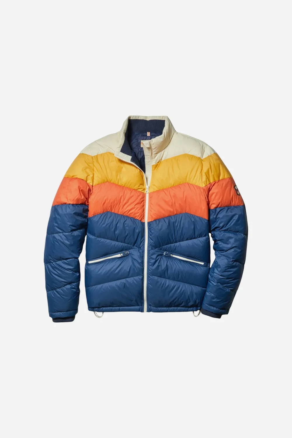 Marine Layer Colorblock Puffer Jacket in Blue/Orange Colorblock