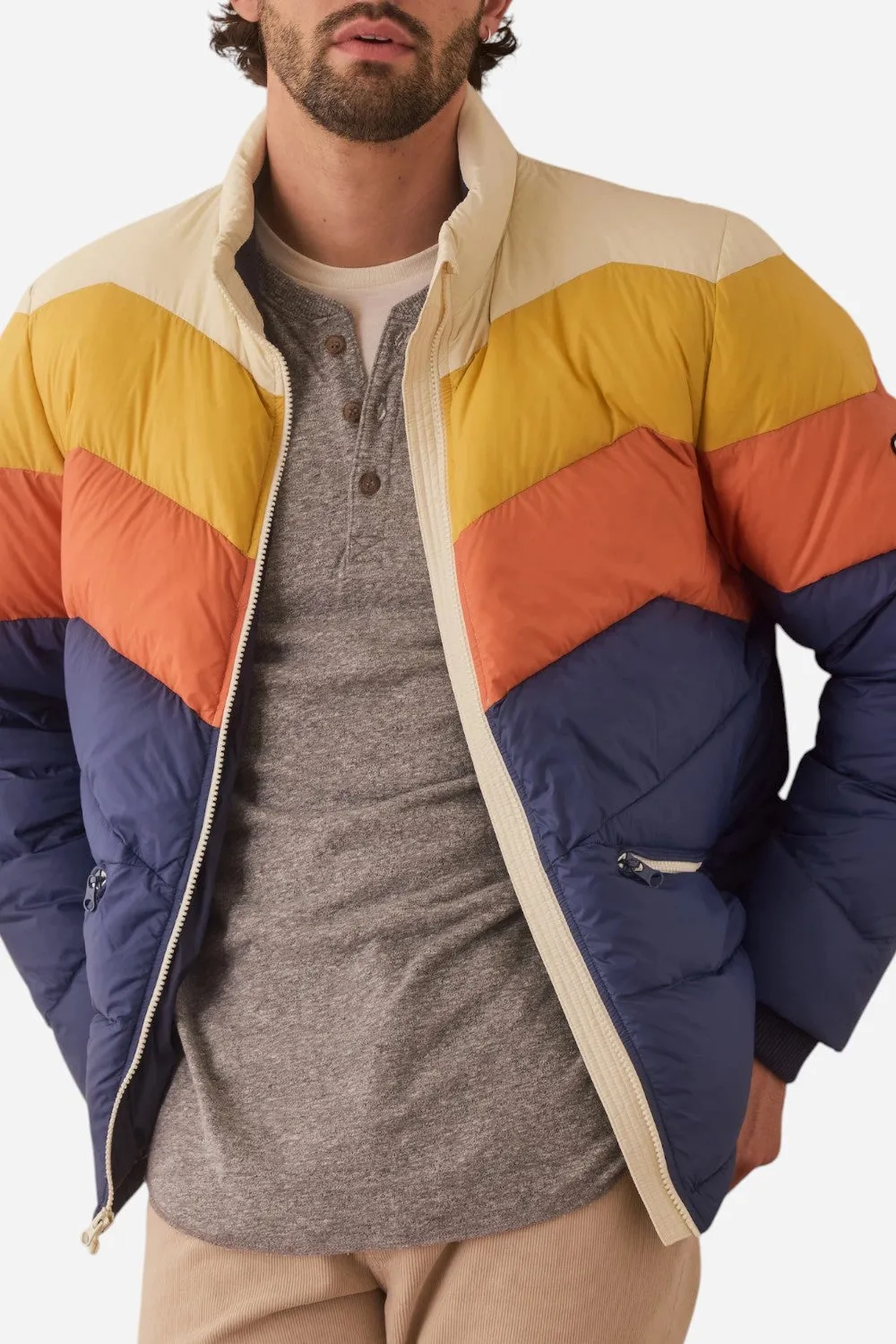 Marine Layer Colorblock Puffer Jacket in Blue/Orange Colorblock