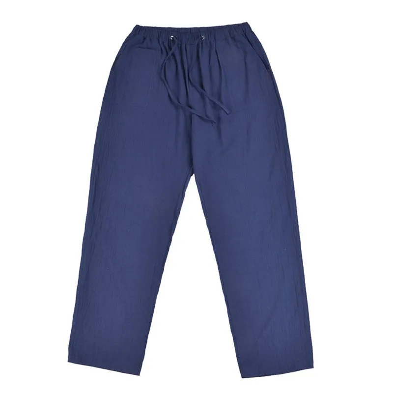 Mens Loose Casual Linen Trousers with Drawstring Pockets