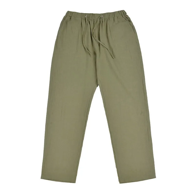 Mens Loose Casual Linen Trousers with Drawstring Pockets