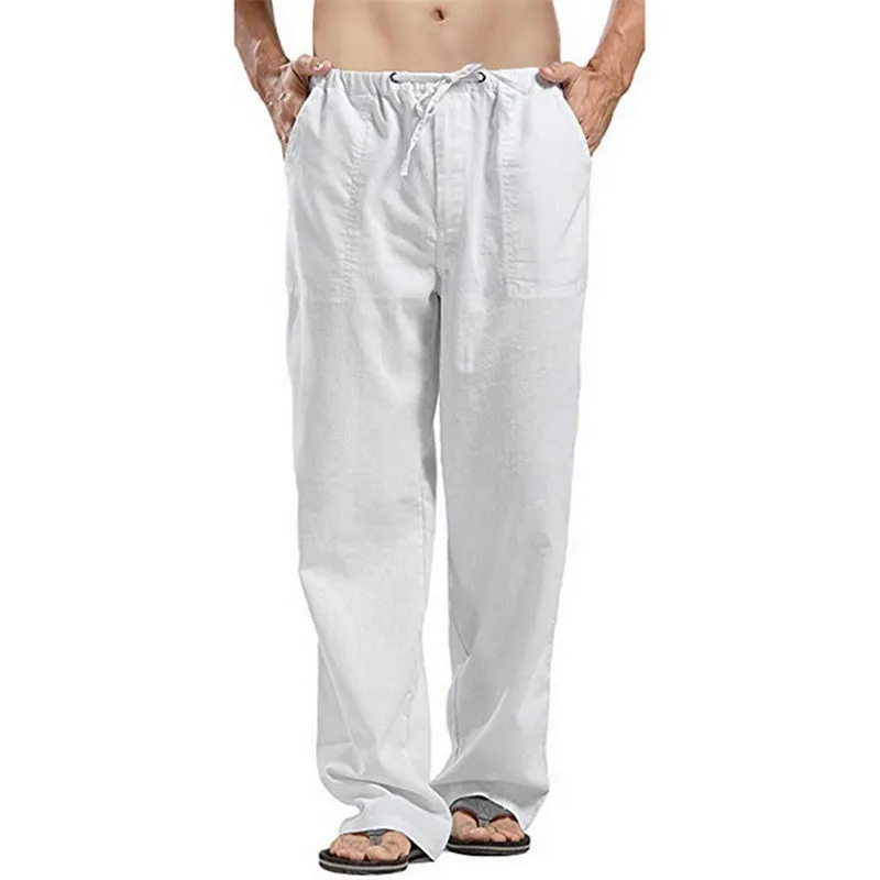 Mens Loose Casual Linen Trousers with Drawstring Pockets