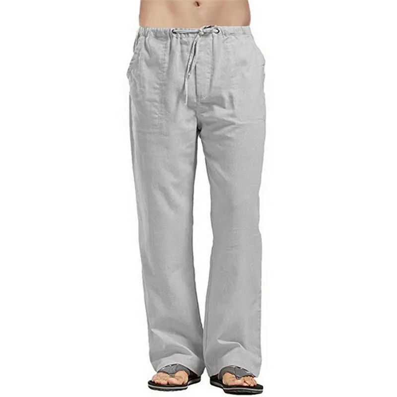 Mens Loose Casual Linen Trousers with Drawstring Pockets