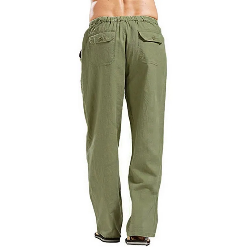 Mens Loose Casual Linen Trousers with Drawstring Pockets