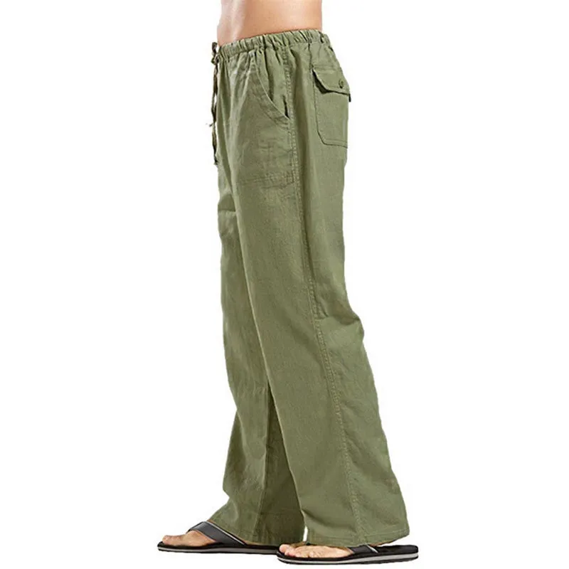 Mens Loose Casual Linen Trousers with Drawstring Pockets