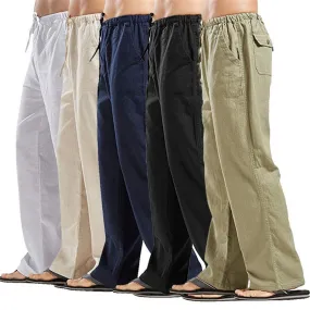 Mens Loose Casual Linen Trousers with Drawstring Pockets