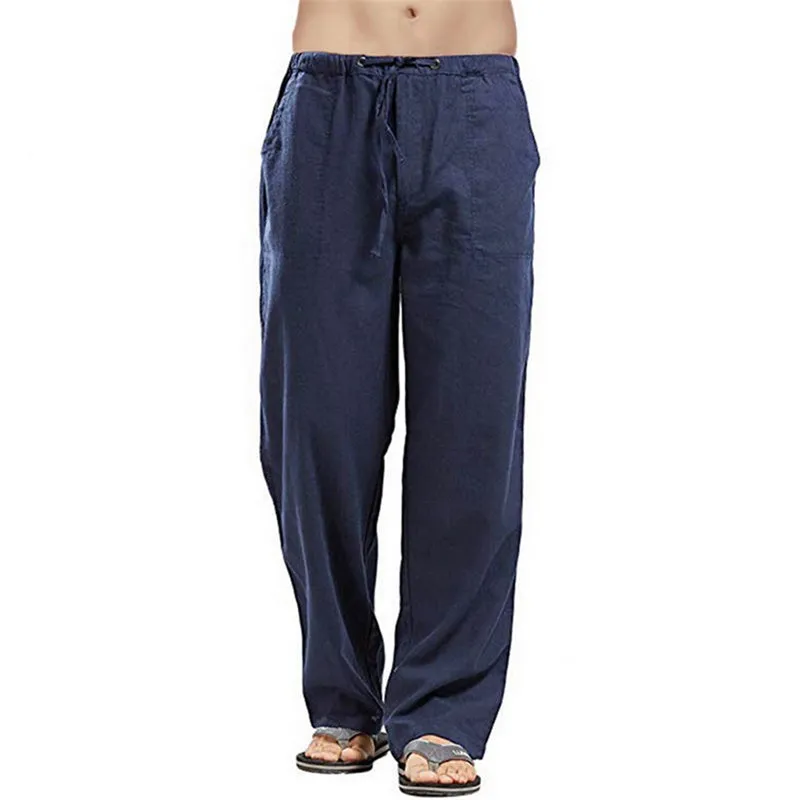 Mens Loose Casual Linen Trousers with Drawstring Pockets