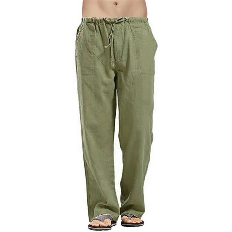 Mens Loose Casual Linen Trousers with Drawstring Pockets