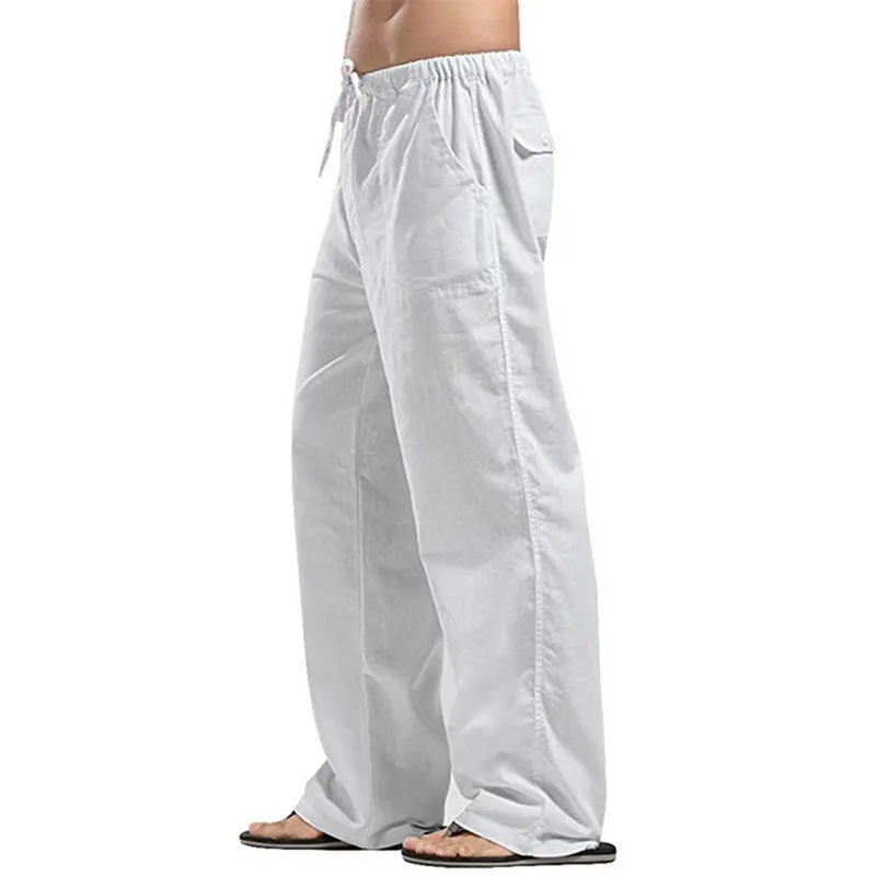 Mens Loose Casual Linen Trousers with Drawstring Pockets