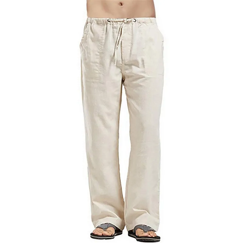 Mens Loose Casual Linen Trousers with Drawstring Pockets