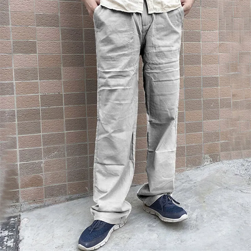 Mens Loose Casual Linen Trousers with Drawstring Pockets