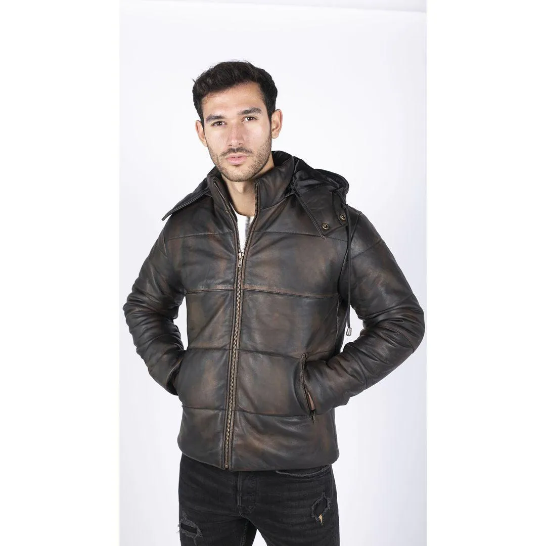 Mens Puffer Hood Jacket Real Leather Black Brown Casual Retro 80s Classic Casual