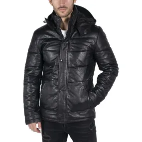 Mens Puffer Hood Quilted Jacket Real Leather Black Casual Retro 80s Classic Casual