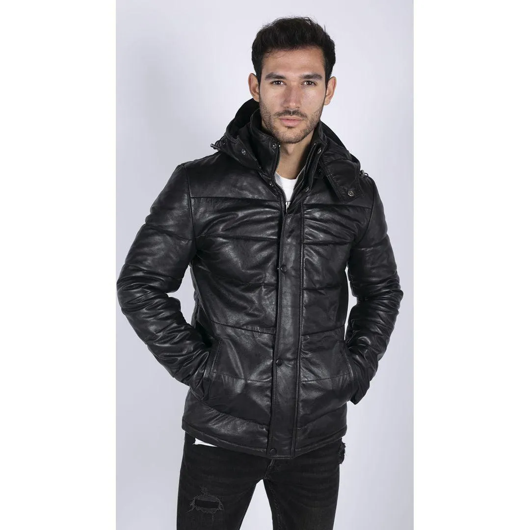 Mens Puffer Hood Quilted Jacket Real Leather Black Casual Retro 80s Classic Casual