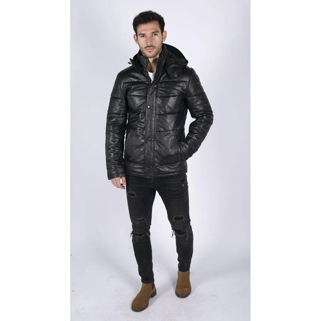 Mens Puffer Hood Quilted Jacket Real Leather Black Casual Retro 80s Classic Casual