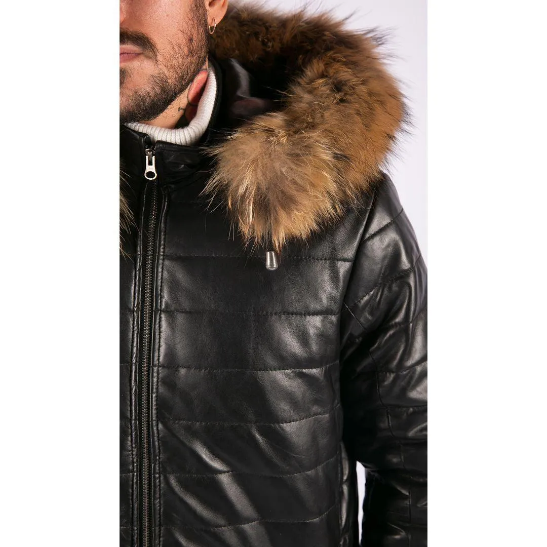 Mens Real Leather Black Puffer Jacket With Hood Retro Casual Warm Zipped