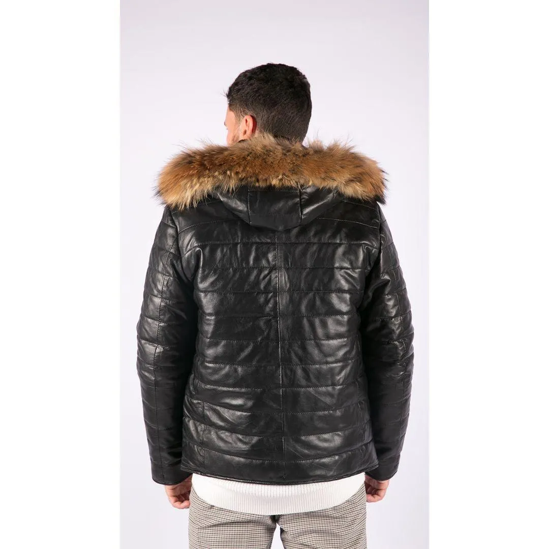 Mens Real Leather Black Puffer Jacket With Hood Retro Casual Warm Zipped