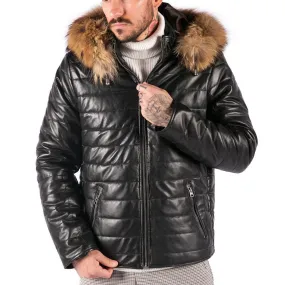 Mens Real Leather Black Puffer Jacket With Hood Retro Casual Warm Zipped