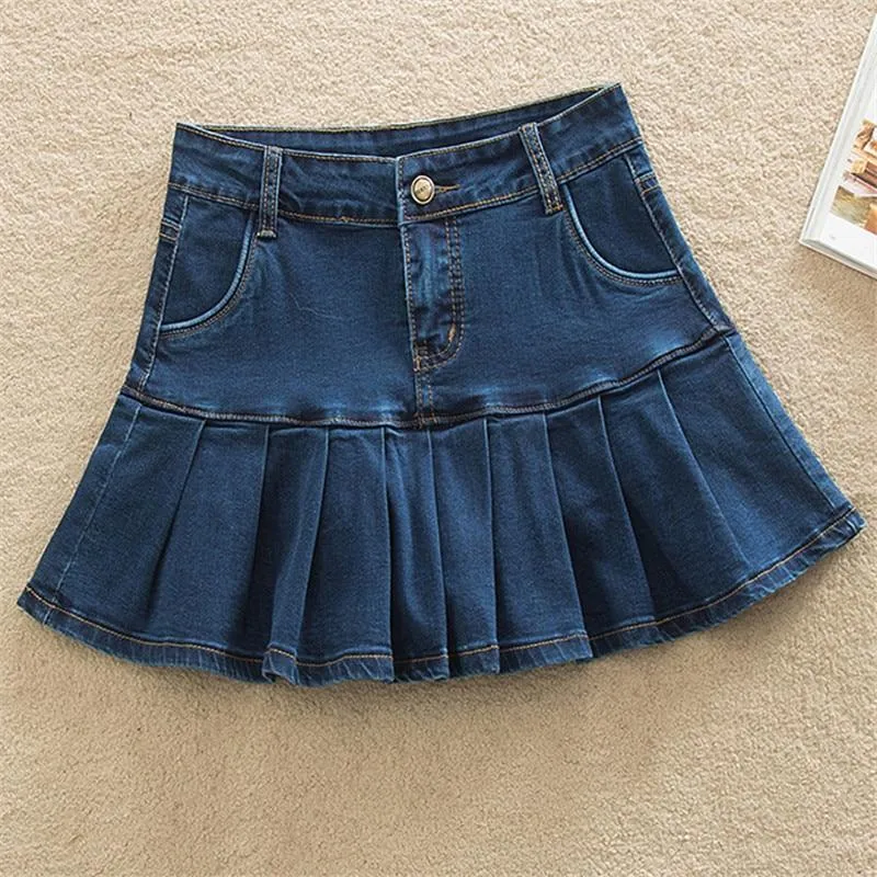 Micro Mini Short Skirt 6XL 7XL 8XL Plus Size Jeans Skater Women Elastic High Waist Bottom Lady Female Casual Pleated Denim Skirt