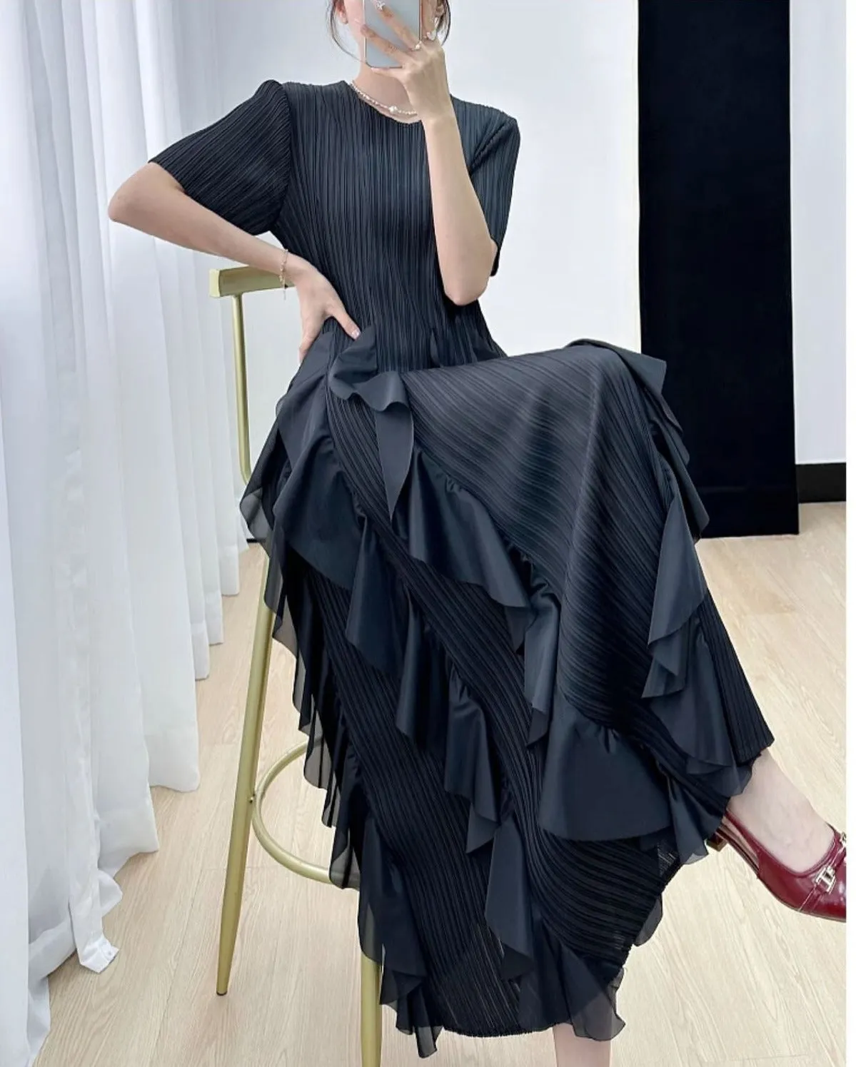 Miyake Pleated Vertical Ruffles Round Neck Maxi Dress