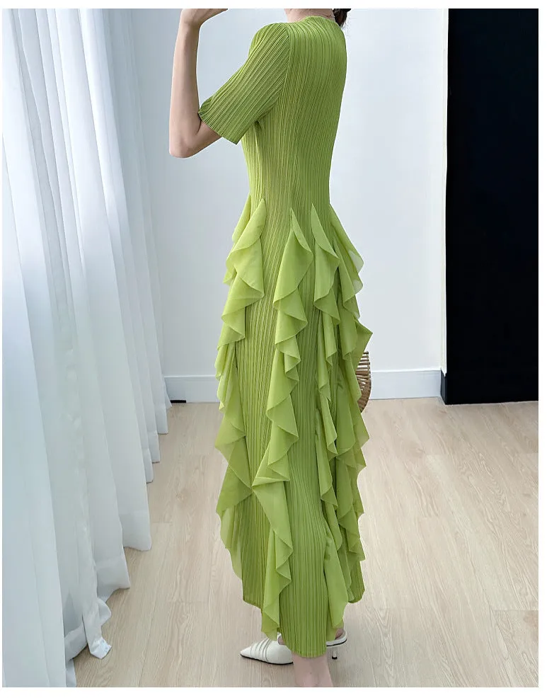 Miyake Pleated Vertical Ruffles Round Neck Maxi Dress