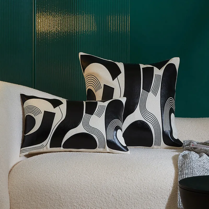 Modern Applique Leather Black and White Throw Cushion