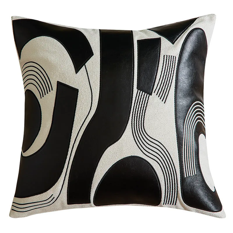 Modern Applique Leather Black and White Throw Cushion