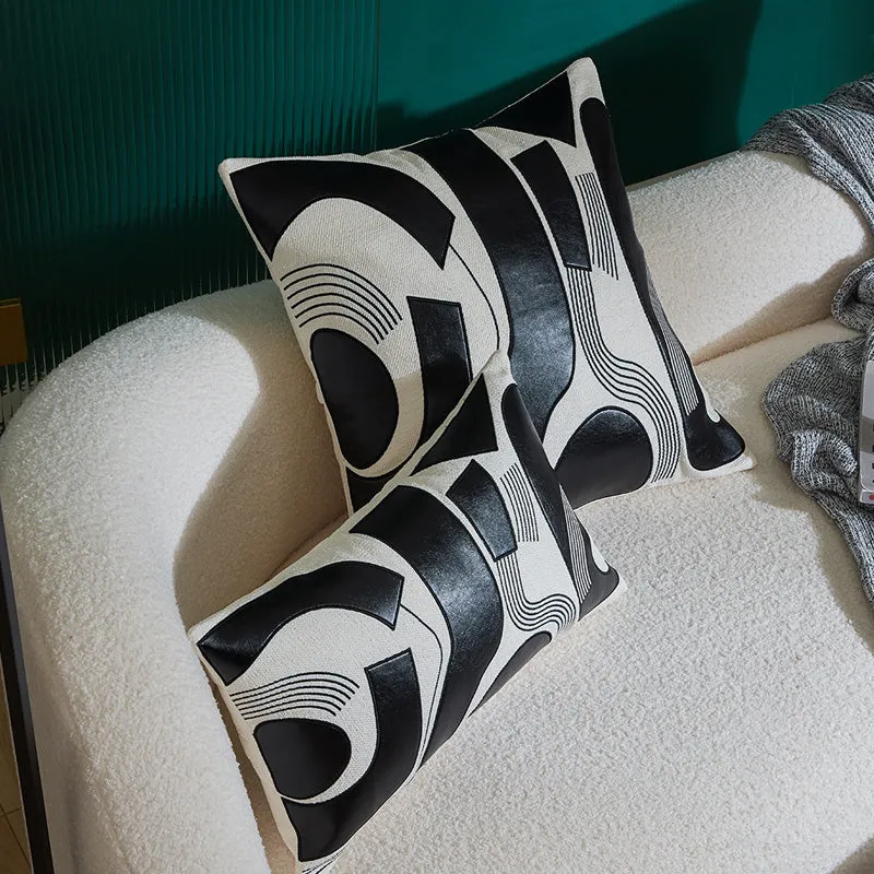 Modern Applique Leather Black and White Throw Cushion