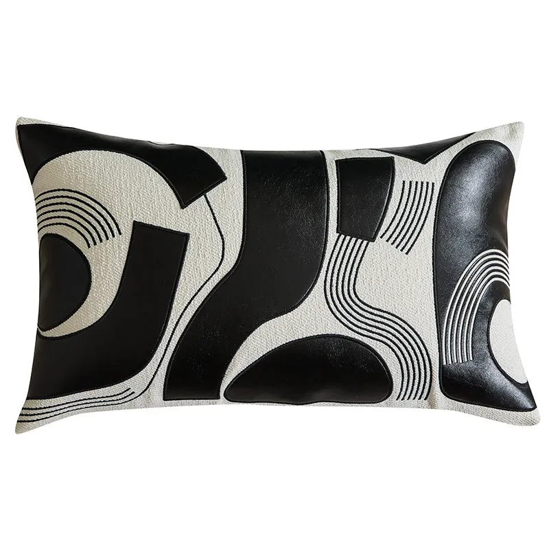 Modern Applique Leather Black and White Throw Cushion